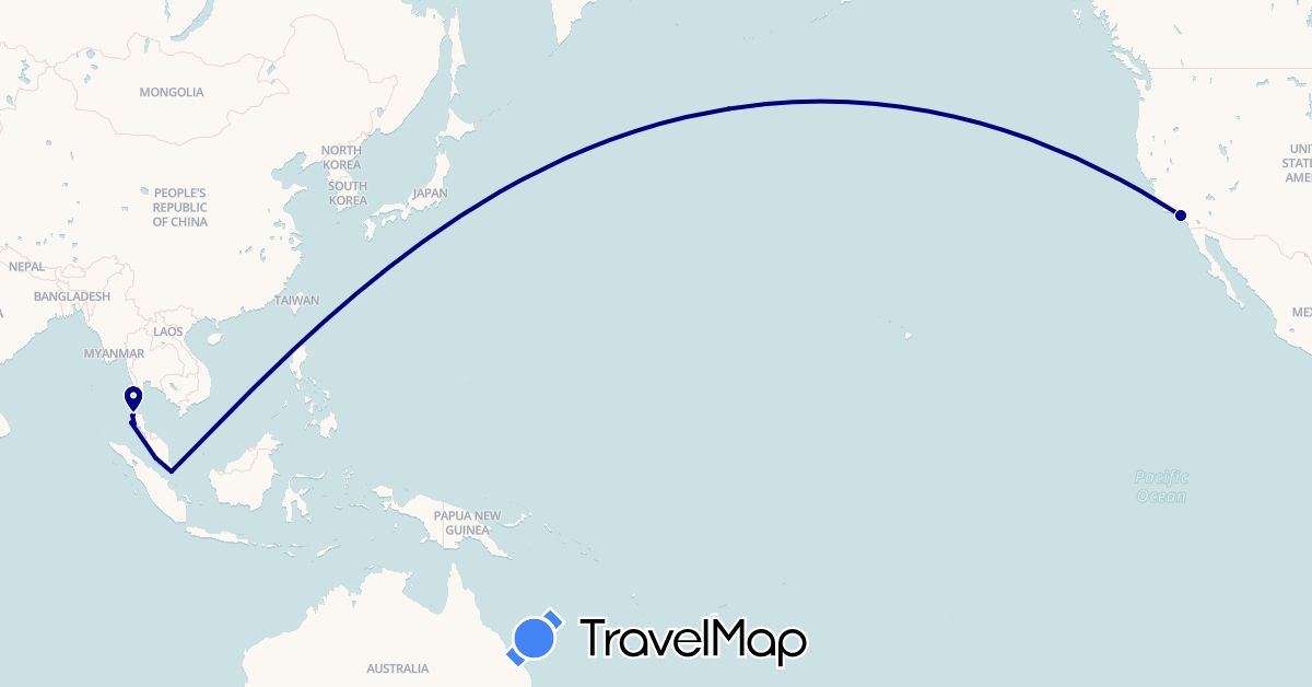 TravelMap itinerary: driving in Malaysia, Singapore, Thailand, United States (Asia, North America)